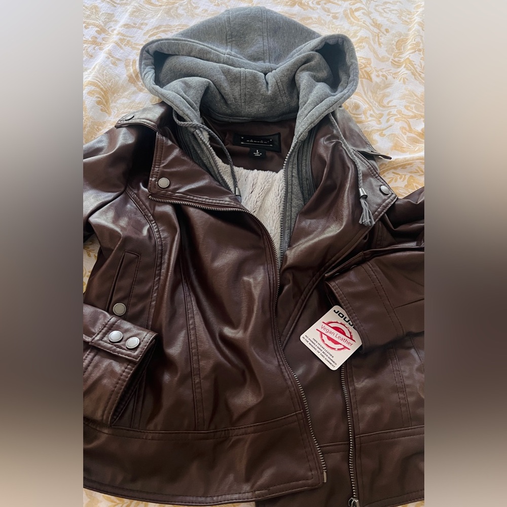 Jou Jou Brown Faux Leather Jacket with Gray Hood